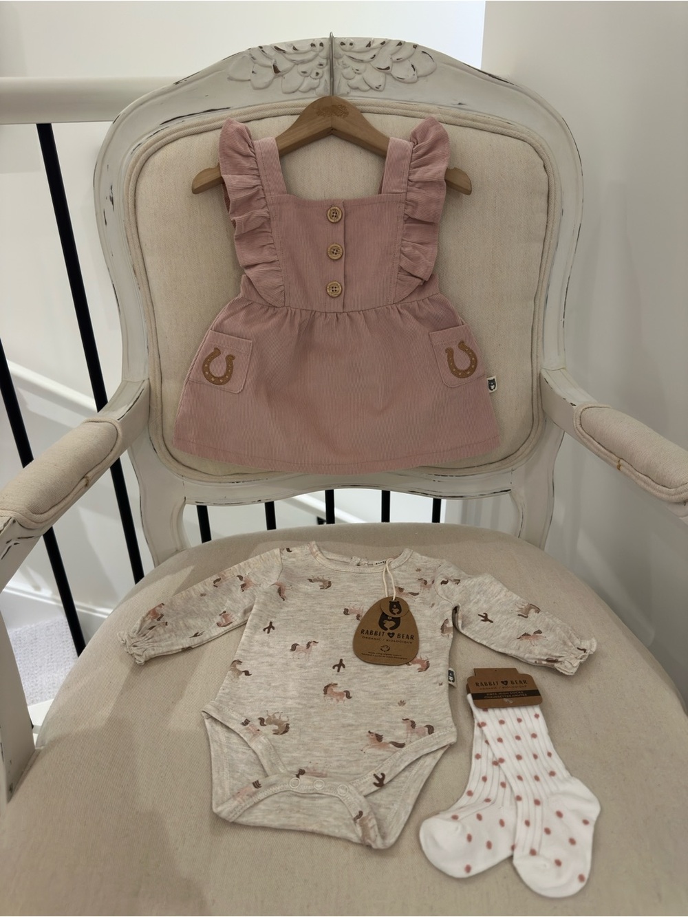 🐎 0~3 Mth Organic Cotton Dusty Rose Corduroy Ruffle Dress, Onesie & Socks Set